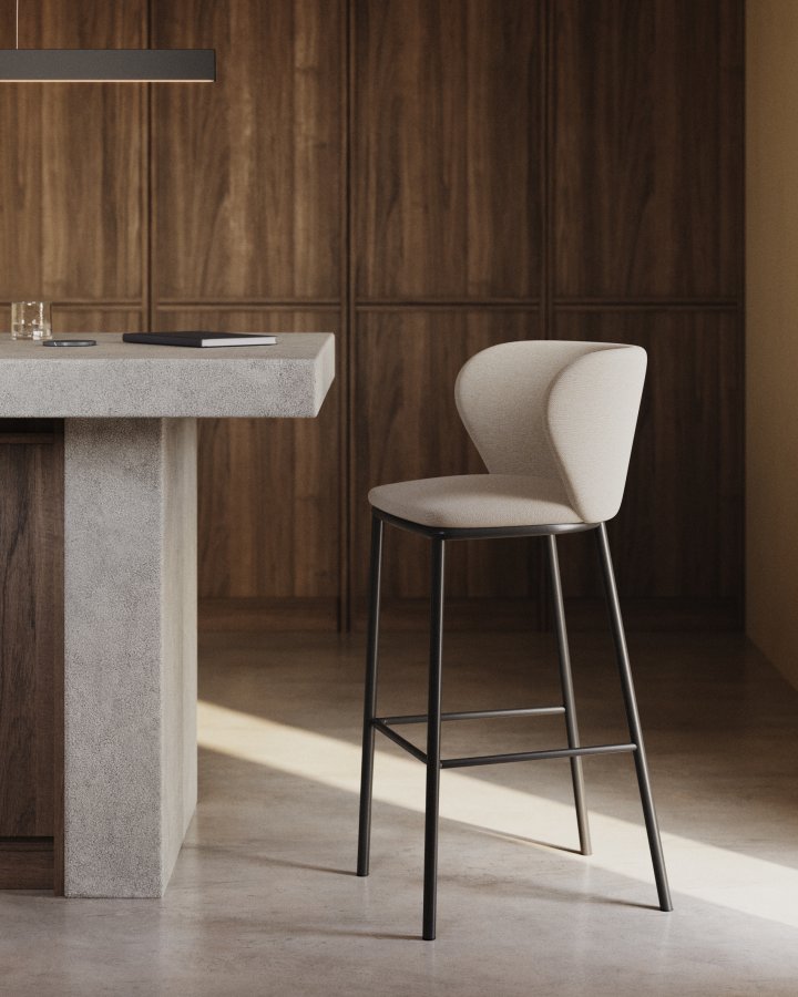 KAVE HOME Ciselia barstol, m. rygln og fodsttte - beige chenille stof og sort stl