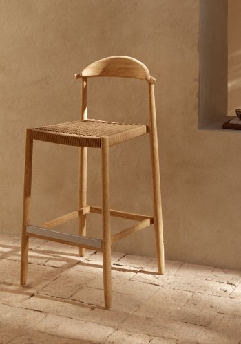 KAVE HOME Glynis 77 barstol til haven, m. rygln og fodsttte - beige reb og natur eukalyptustr 