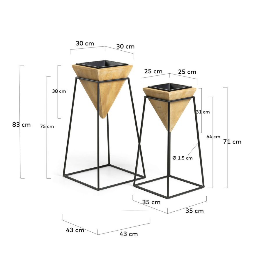KAVE HOME Star urtepotteskjulere, m. fod, kvadratisk - sort metal og og fyrretr (st m. 2)