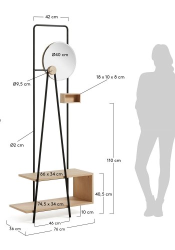 KAVE HOME Nostalgic garderobestativ - natur/sort asketrsfinér/metal, m. rundt spejl og hylder
