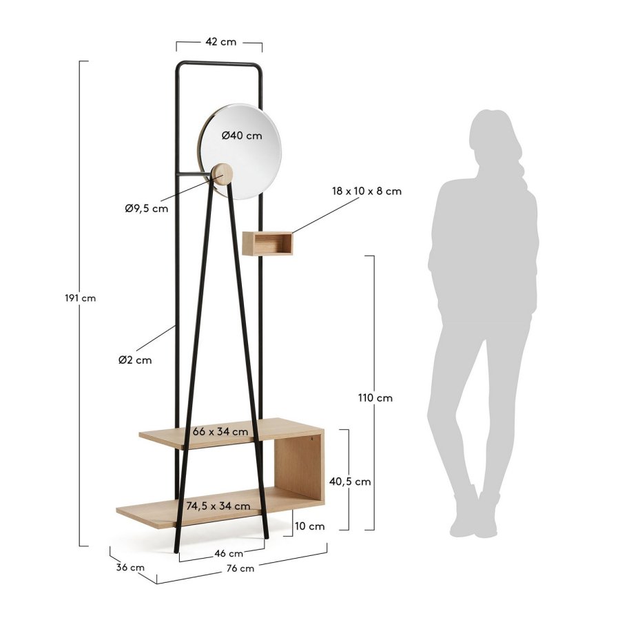 KAVE HOME Nostalgic garderobestativ - natur/sort asketrsfinér/metal, m. rundt spejl og hylder