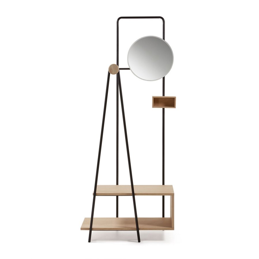 KAVE HOME Nostalgic garderobestativ - natur/sort asketrsfinér/metal, m. rundt spejl og hylder