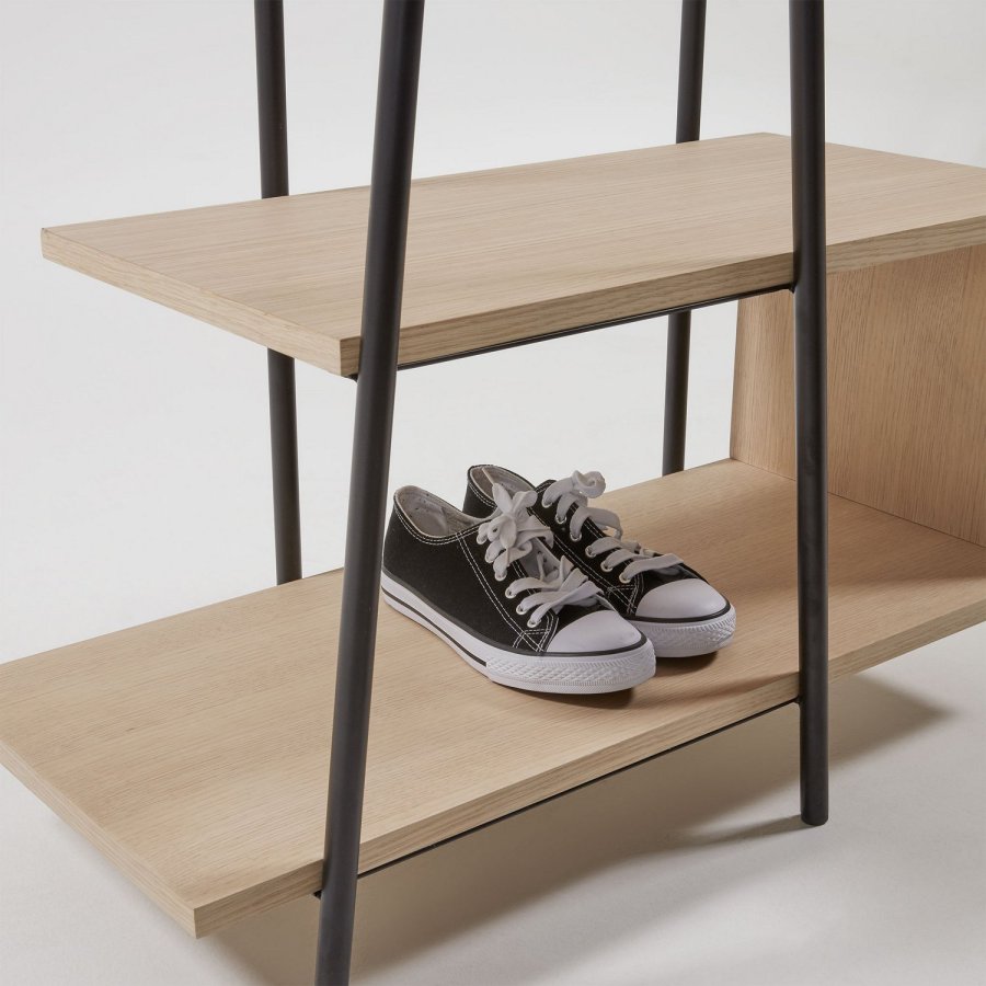 KAVE HOME Nostalgic garderobestativ - natur/sort asketrsfinér/metal, m. rundt spejl og hylder