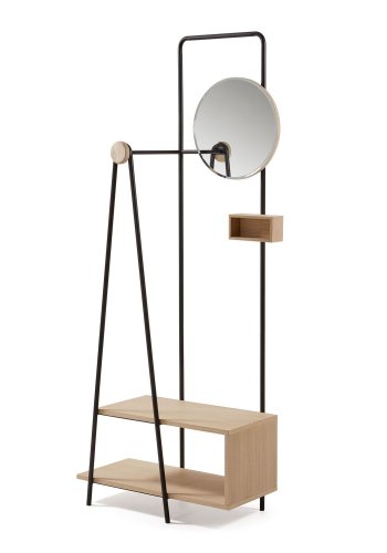 KAVE HOME Nostalgic garderobestativ - natur/sort asketrsfinér/metal, m. rundt spejl og hylder