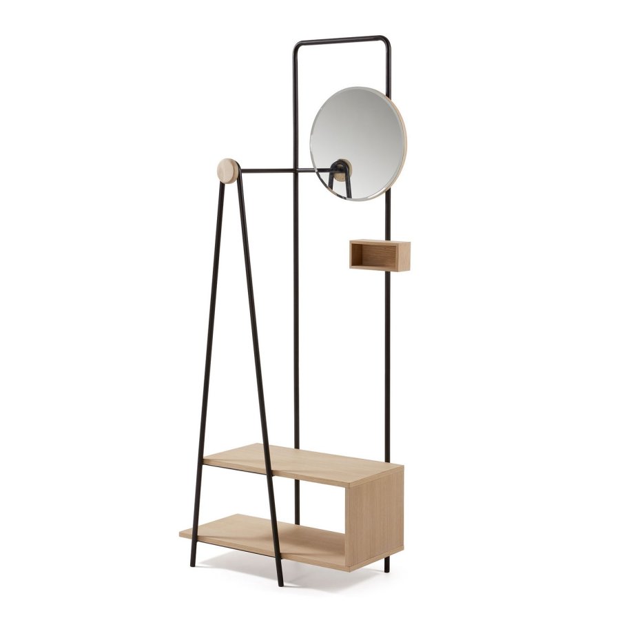 KAVE HOME Nostalgic garderobestativ - natur/sort asketrsfinér/metal, m. rundt spejl og hylder