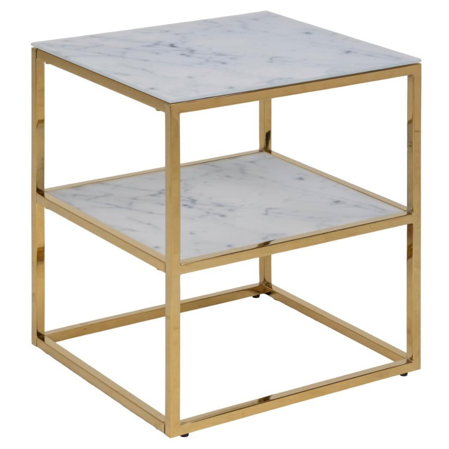ACT NORDIC Alisma sengebord, m. hylde - hvid marmorprint glas og guld metal (45x40)