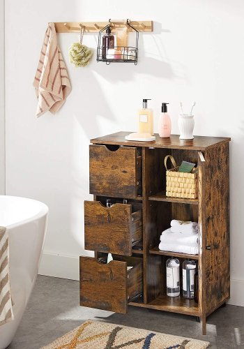 VASAGLE badevrelsesskab, m. 1 lge, 2 hylder, 3 skuffer - rustik brun spnplade