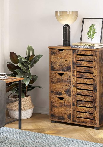 VASAGLE badevrelsesskab, m. 1 lge, 2 hylder, 3 skuffer - rustik brun spnplade