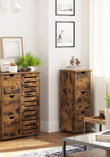 VASAGLE badevrelsesskab, m. 1 lge, 2 hylder, 3 skuffer - rustik brun spnplade