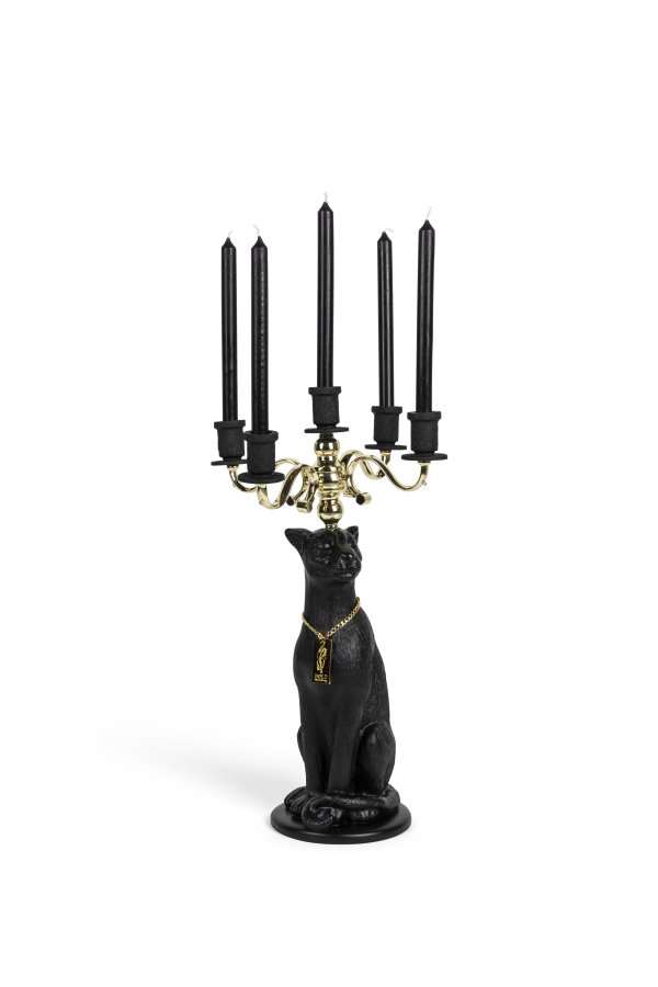 BOLD MONKEY Proudly Crowned Panther lysestage, til 5 lys - guld galvanisering og sort harpiks