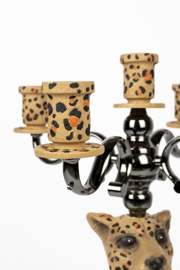 BOLD MONKEY Proudly Crowned Panther lysestage, til 5 lys - sort galvanisering og brun print harpiks