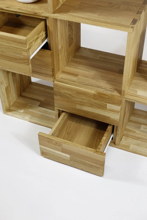 NOCNOI Puzzle asymmetrisk reol, m. 6 rum - massivt olieret eg (104x104)