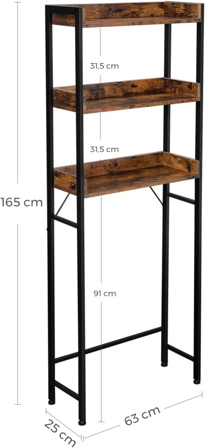 VASAGLE toilethylde, m. 3 hylder - rustik brun spnplade og sort stl