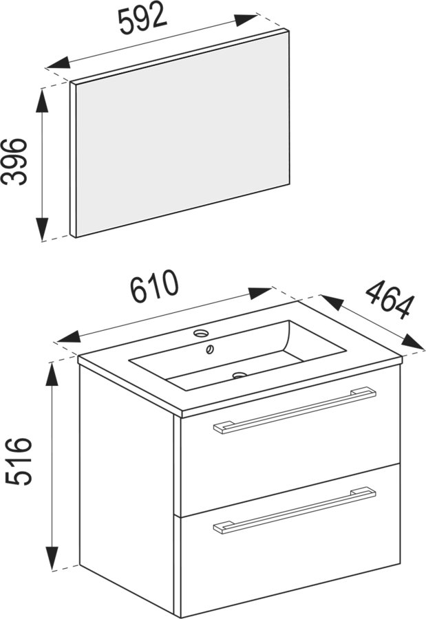VCM NORDIC Badinos II 60 cm 3-delt vaskeplads, m. spejl, keramik hndvask, 2 skuffer - hvid melamin