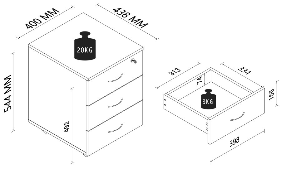 VCM NORDIC Baula L arkivskab, lsbar, m. 3 skuffer og hjul - hvid tr