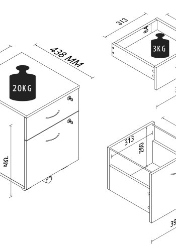 VCM NORDIC Baula M arkivskab, lsbar, m. 1 hngemappeskuffe, 1 skuffe og hjul - hvid tr