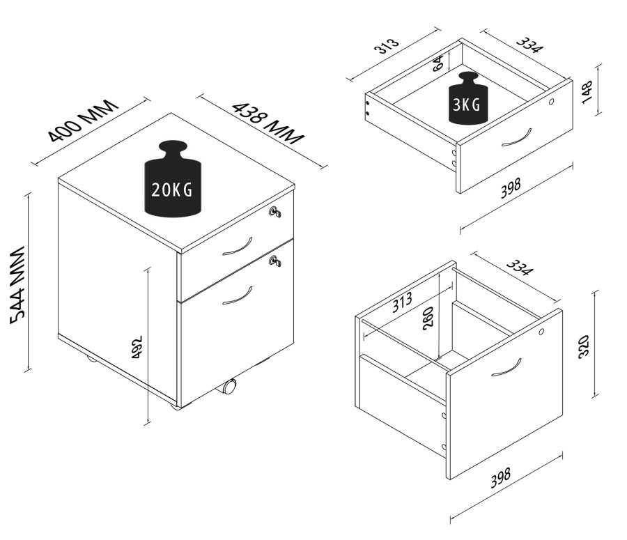 VCM NORDIC Baula M arkivskab, lsbar, m. 1 hngemappeskuffe, 1 skuffe og hjul - hvid tr