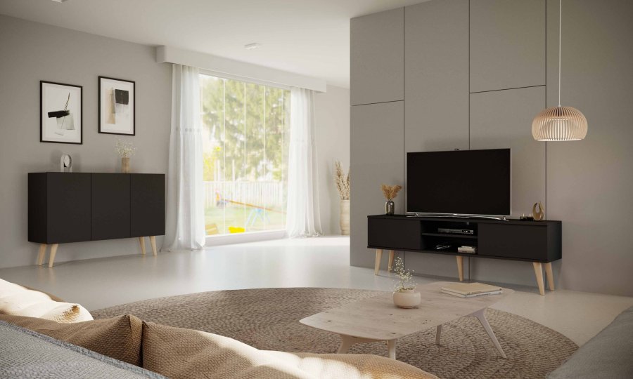 KOCOT RTV Toronto TV-bord, m. 2 lger og 1 hylde - sort bgetr (160x35)