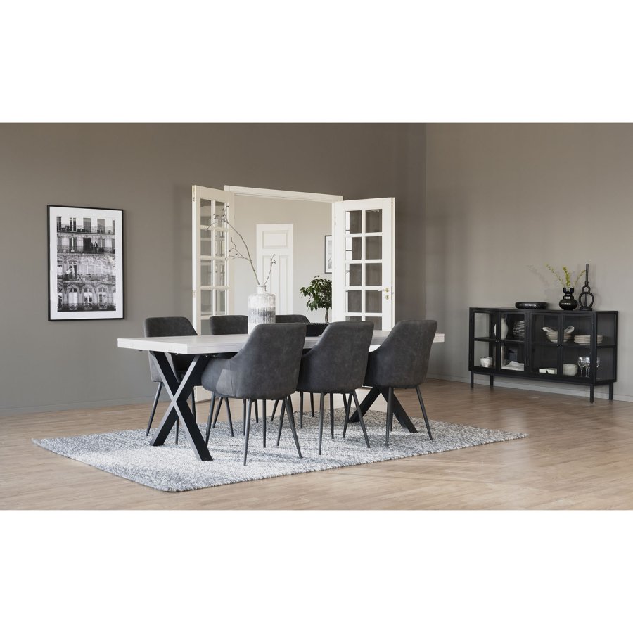 ROWICO Brooklyn rektangulr spisebord, m. udtrk - hvidpigmenteret eg m. X-ben i sort metal (220x95)