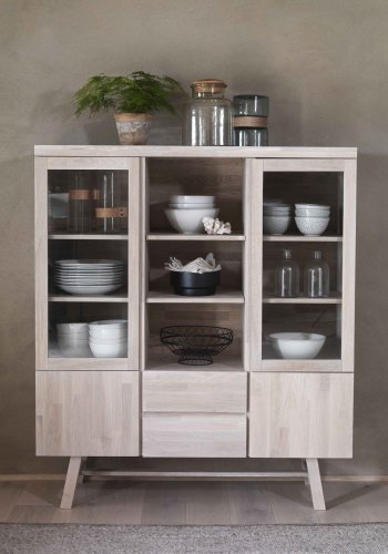 ROWICO Brooklyn vitrineskab - hvidpigmenteret eg, m. 4 lger og 2 skuffer 