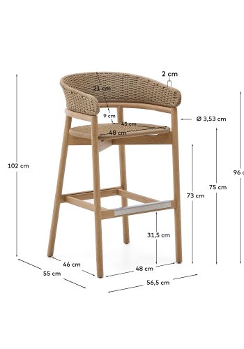 KAVE HOME Arinella udendrs barstol, m. rygln, armln - natur akacietr/beige tovsnor (75cm)