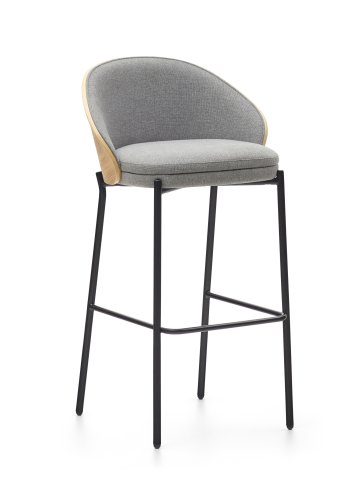 KAVE HOME Eamy barstol, m. rygln og fodsttte - lysegr stof, natur askefinér og sort stl