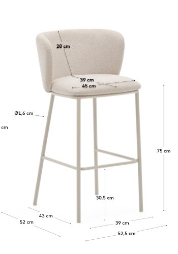 KAVE HOME Ciselia barstol, m. rygln og fodsttte - beige chenille og beige stl (H:75cm)