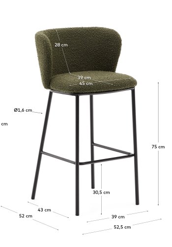 KAVE HOME Ciselia barstol, m. rygln og fodsttte - grn bouclé og sort stl (H:75cm)