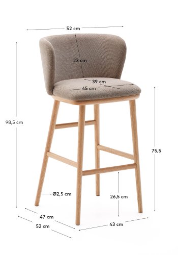 KAVE HOME Ciselia barstol, m. rygln og fodsttte - brun chenille og natur asketr (H:75cm)