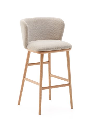 KAVE HOME Ciselia barstol, m. rygln og fodsttte - beige chenille og natur asketr (H:75cm)