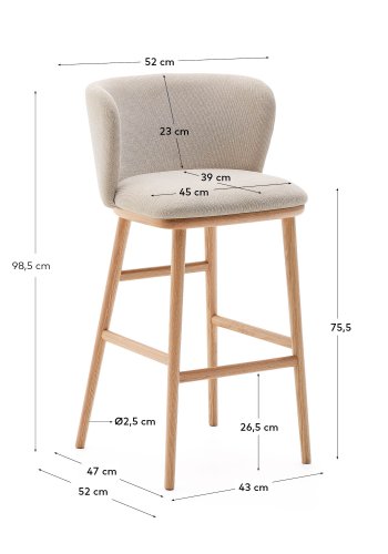 KAVE HOME Ciselia barstol, m. rygln og fodsttte - beige chenille og natur asketr (H:75cm)