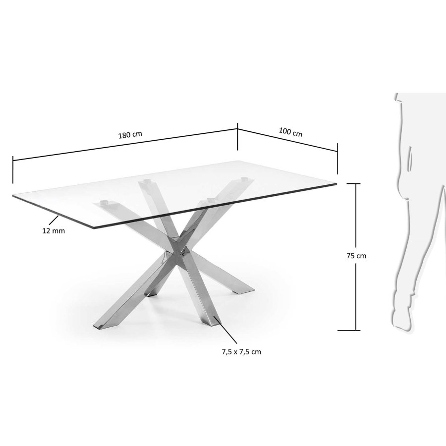 KAVE HOME Argo spisebord, rektangulr - klar glas og slv stl (180x100)