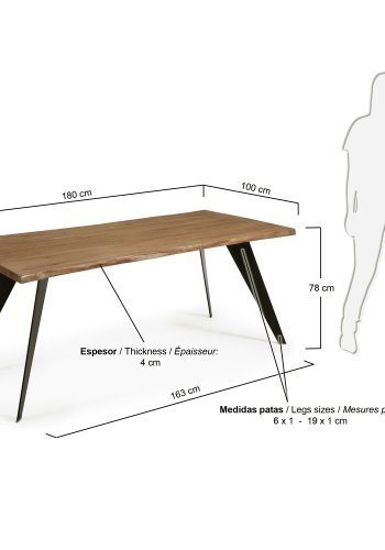 KAVE HOME Koda egetrsfinerbord med slidt finish og sorte stlben, 180 x 100 cm