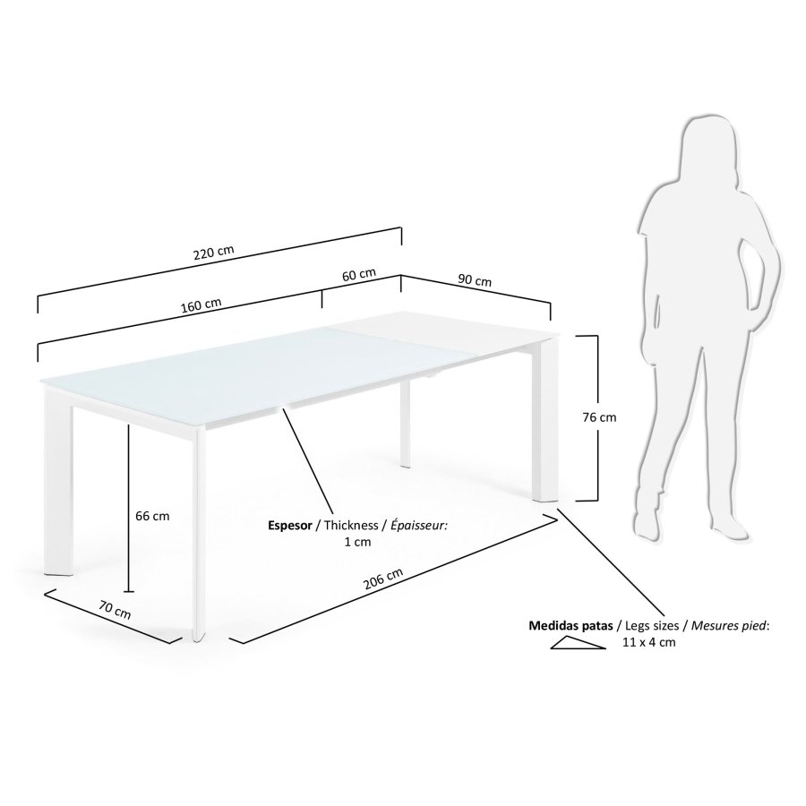 KAVE HOME Axis spisebord, m. butterflybordplade - hvid glas og hvid stl (160(220)x90)