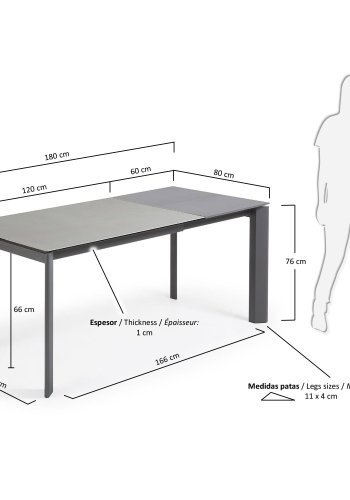 KAVE HOME Axis spisebord, m. butterflybordplade - Hydra Plomo porceln/antracitgr stl (120(180)