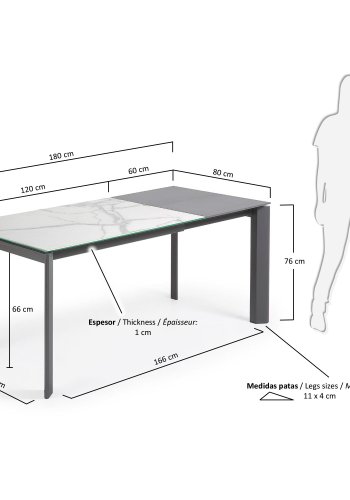 KAVE HOME Axis spisebord, m. butterflybordplade - Kalos Blanco porceln/mrkegr stl (120(180)