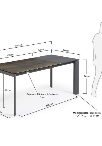KAVE HOME Axis spisebord, m. butterflybordplade - Iron Moss porceln/antracitgr stl (120(180)