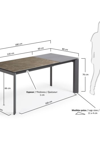 KAVE HOME Axis spisebord, m. butterflybordplade - Vulcano Ceniza porceln/antracitgr stl (120(180)