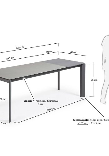 KAVE HOME Axis spisebord, m. butterflybordplade - Hydra Lead porceln/antracitgr stl (160(220)