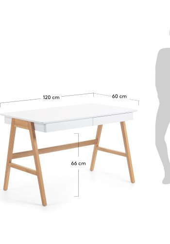KAVE HOME Ingo skrivebord - hvid/natur MDF/egetr, m. 2 skuffer