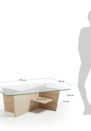 KAVE HOME Balwind sofabord, m. 2 hylder - klar glas og hvidvasket egetrsfinér (110x60)