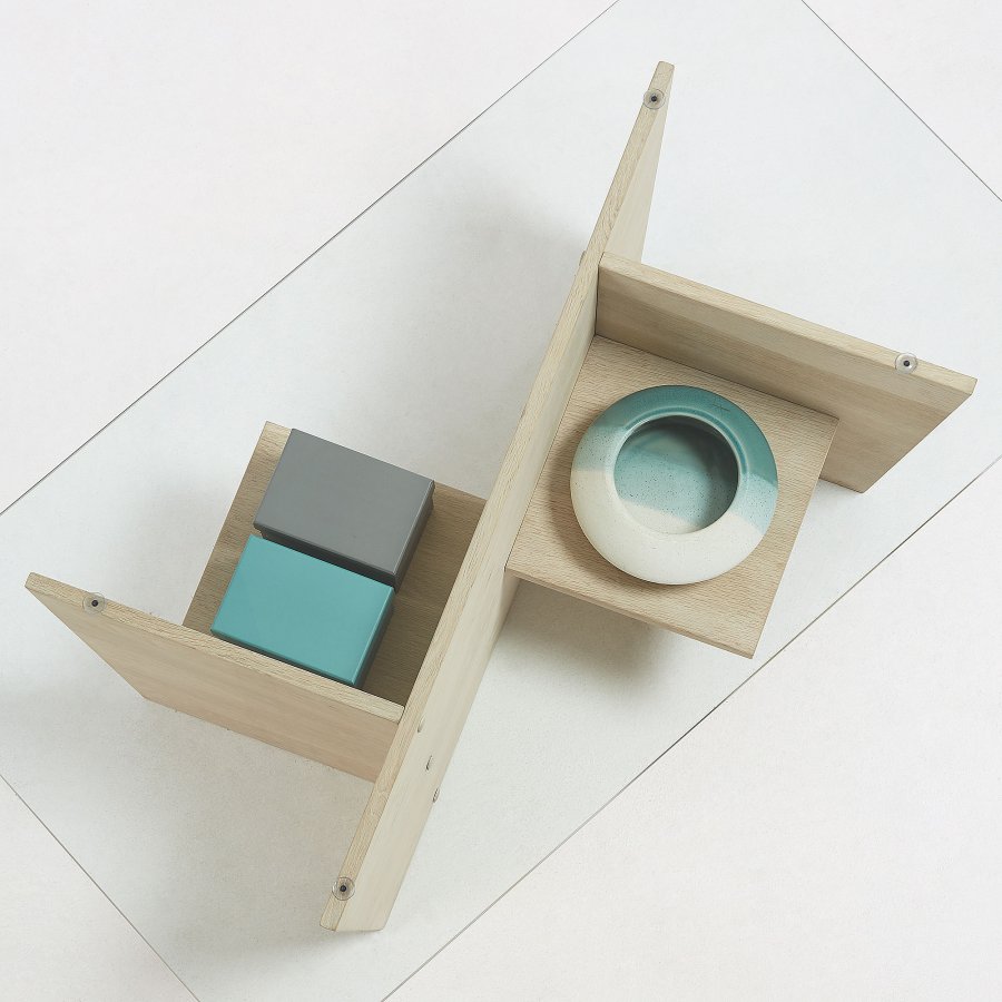 KAVE HOME Balwind sofabord, m. 2 hylder - klar glas og hvidvasket egetrsfinér (110x60)