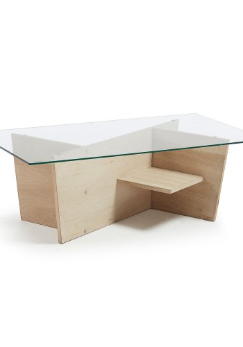 KAVE HOME Balwind sofabord, m. 2 hylder - klar glas og hvidvasket egetrsfinér (110x60)