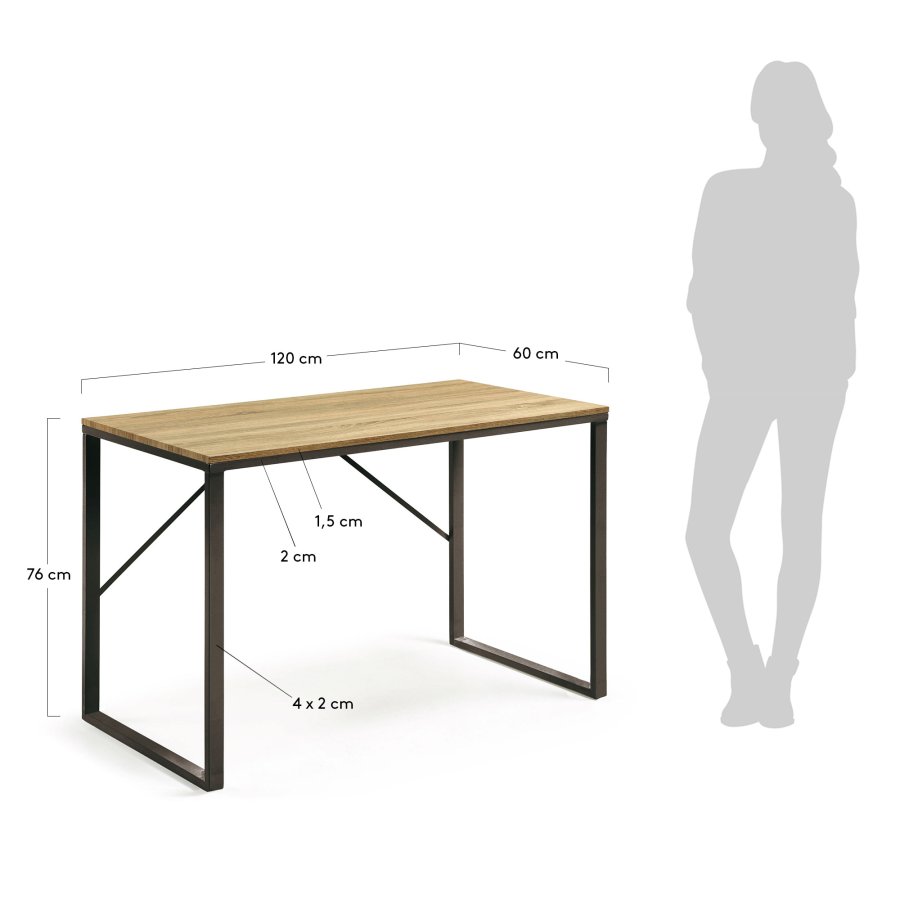 KAVE HOME Lisbet skrivebord - natur/sort MDF/metal, rektangulr (120x60)