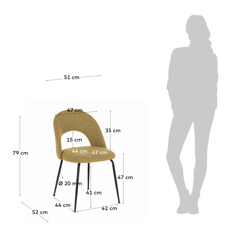KAVE HOME Mahalia spisebordsstol, u. armln - sennepsgult stof og sort stl