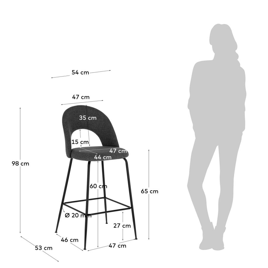 KAVE HOME Mahalia barstol, m. rygln og fodsttte - mrkegr stof og sort metal