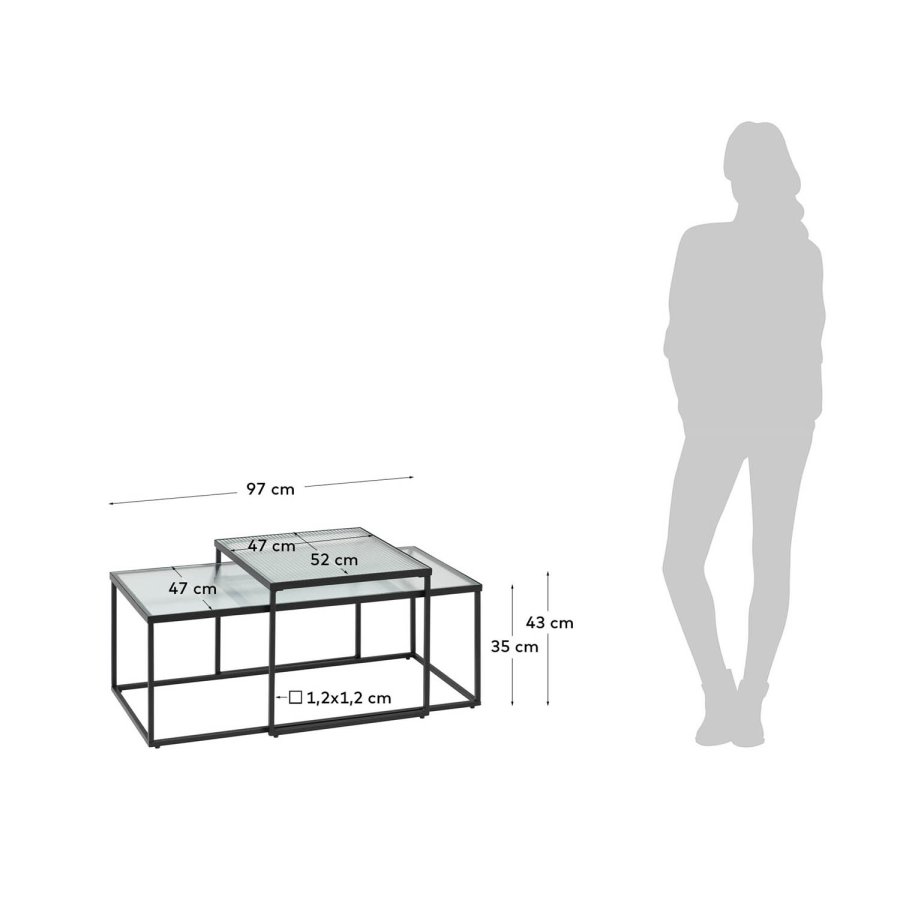 KAVE HOME Akemi sofabord, firkantet - sort stl og klar/struktureret glas (st m. 2)