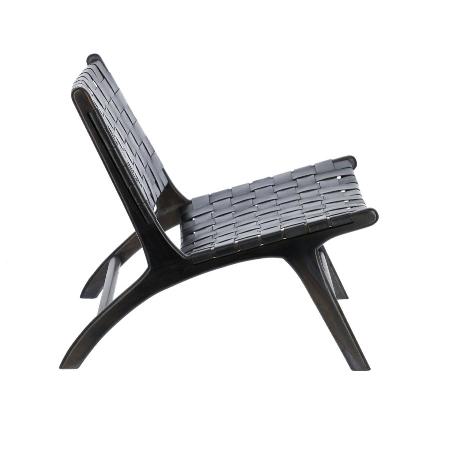 KAVE HOME Calixta loungestol, u. armln - sort hndflettet lder og sort mahognitr 