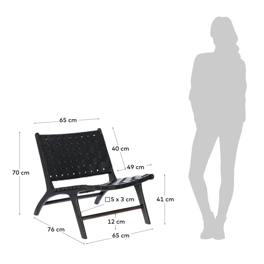 KAVE HOME Calixta loungestol, u. armln - sort hndflettet lder og sort mahognitr 