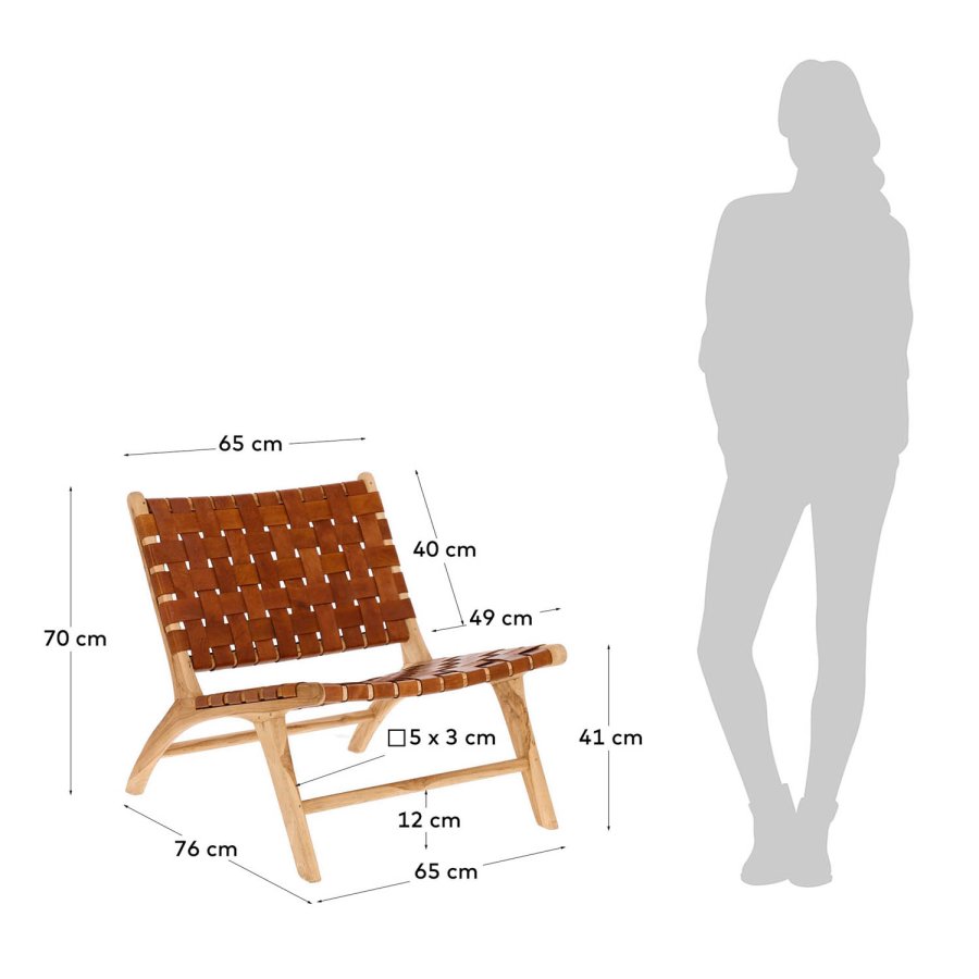 KAVE HOME Calixta loungestol, u. armln - brunt hndflettet lder og natur teaktr